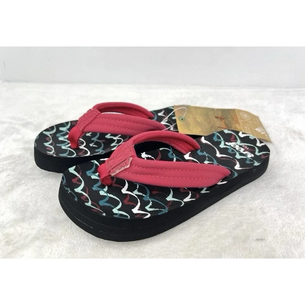 Reef Little AHI Flip Flops Pink Black Kids Girl 11 / 12 Flat Slip On Sandals NEW